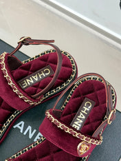 FLAT CHAIN HEART SANDAL IN PLUM PURPLE VELVET