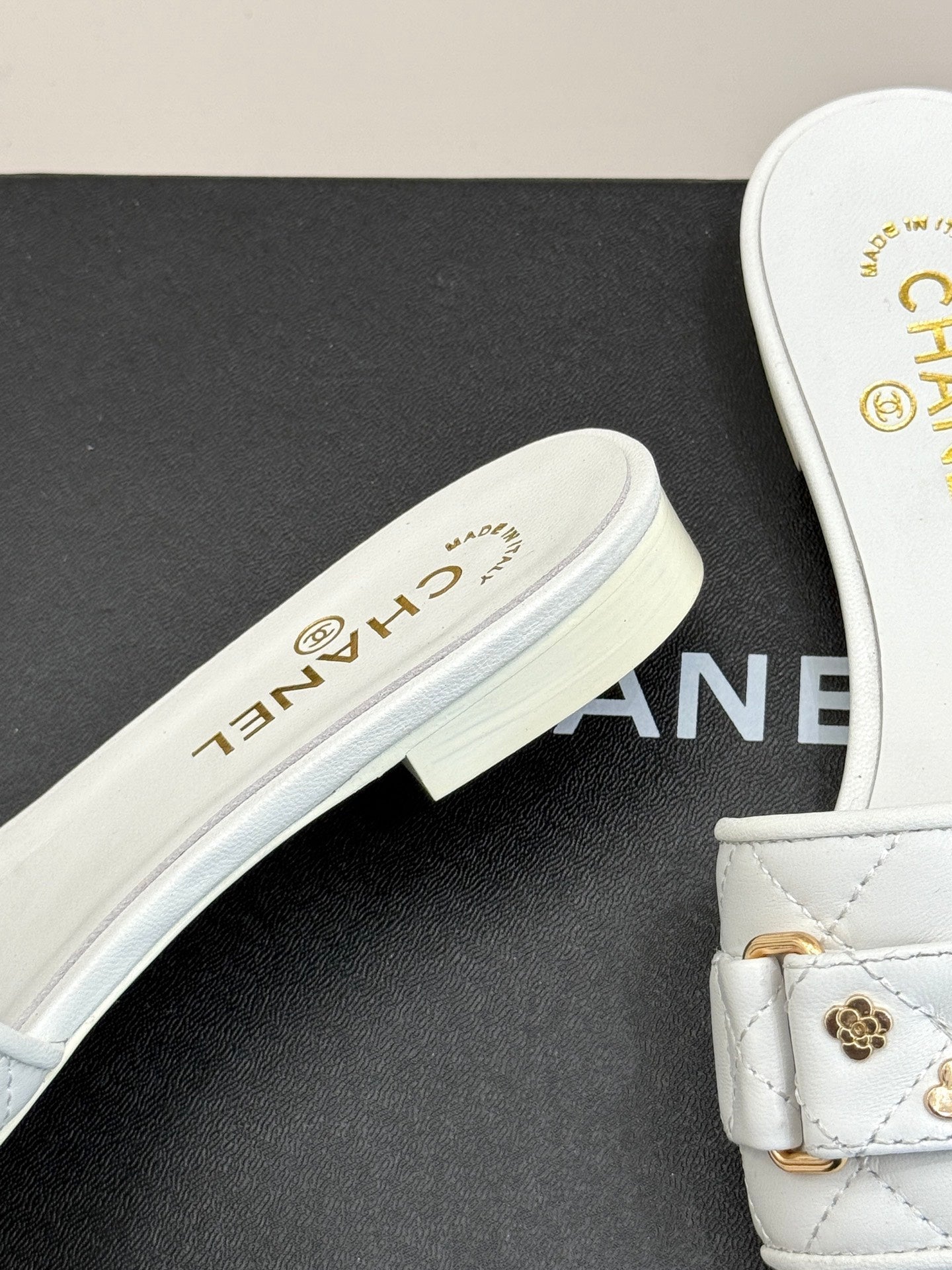 CC SLIDE SANDALS IN WHITE CALFSKIN GOLD CHARM