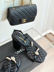 HIGH HEELS SANDAL IN BLACK LAMBSKIN PEARL FLOWERS