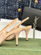 GG HIGH SLINGBACK 8.5 CM IN BEIGE CLASSIC POINTED-TOE MESH WITH RHINESTONE EMBELLISHMENTS