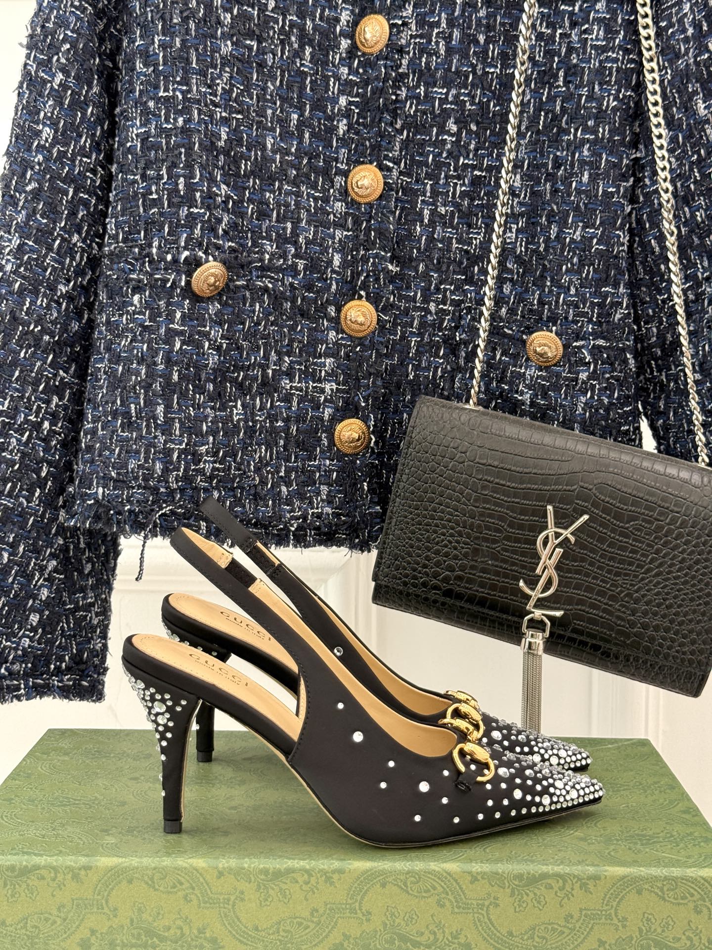 HIGH SLINGBACK 8.5 CM IN BLACK FABRIC WITH RHINESTONE EMBELLISHMENTS