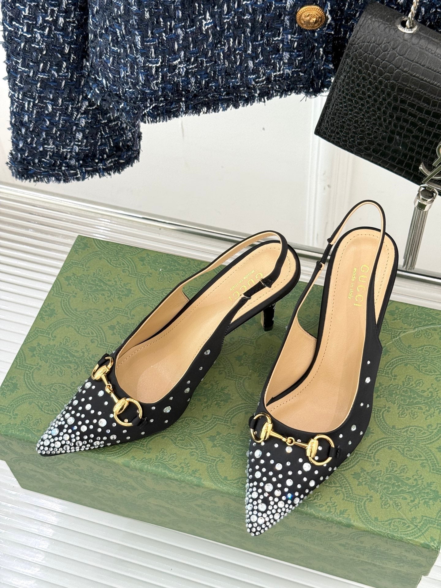 HIGH SLINGBACK 8.5 CM IN BLACK FABRIC WITH RHINESTONE EMBELLISHMENTS