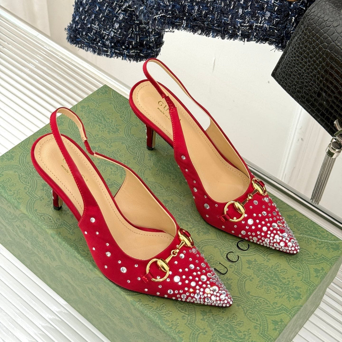 HIGH SLINGBACK 8.5 CM IN RED FABRIC WITH RHINESTONE EMBELLISHMENTS