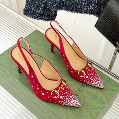 HIGH SLINGBACK 8.5 CM IN RED FABRIC WITH RHINESTONE EMBELLISHMENTS