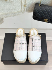 CC MULES 25SS 30 MM IN WHITE LAMBSKIN MIX PASTEL PINK TWEED
