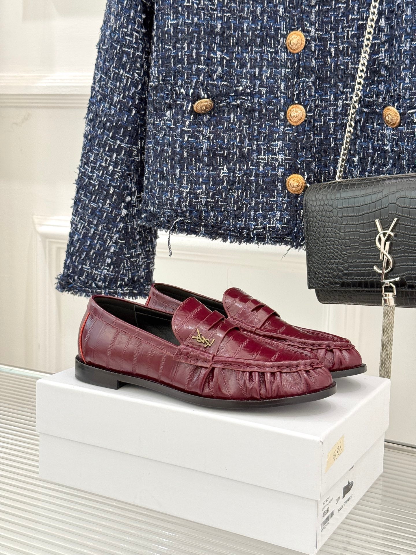 YSL 25S LOAFERS IN DARK RED EMBOSSED LAMBSKIN