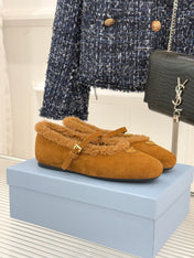 PRADA 25S MARY JANE FLATS IN BROWN SUEDE WITH GOLD HARDWARE