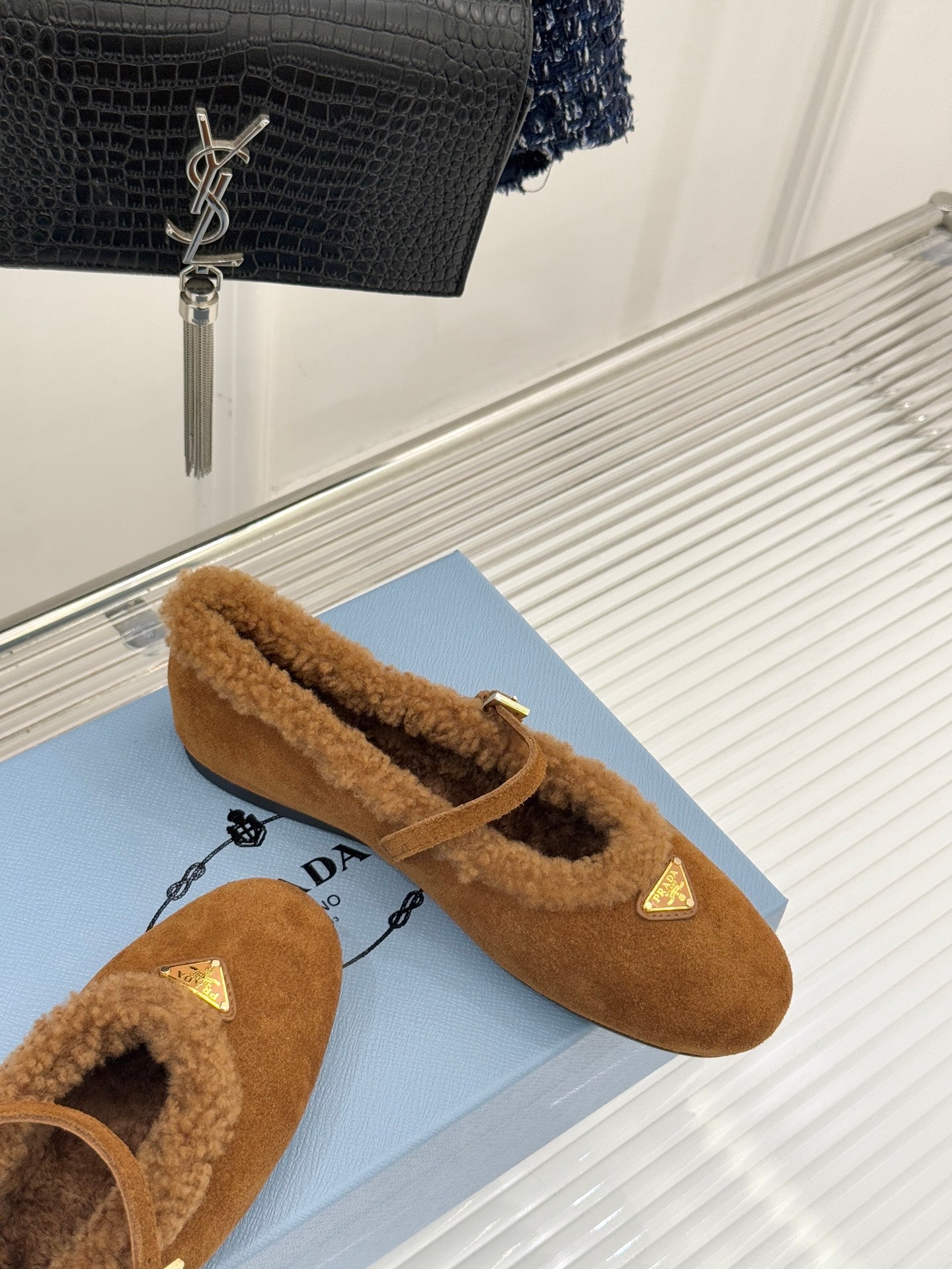 PRADA 25S MARY JANE FLATS IN BROWN SUEDE WITH GOLD HARDWARE