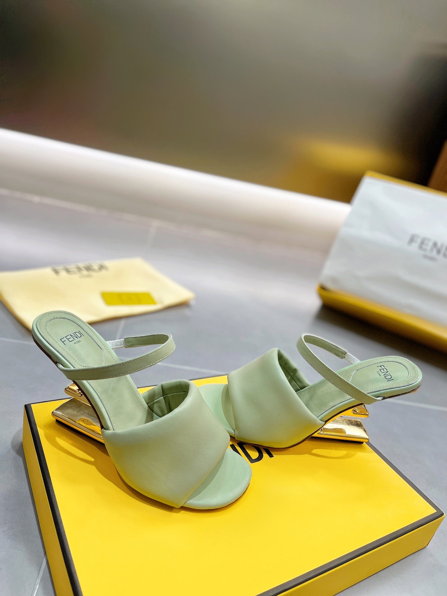 FENDI BAGUETTE HIGH-HEEL SANDALS 8 CM IN MINT GREEN CALFSKIN