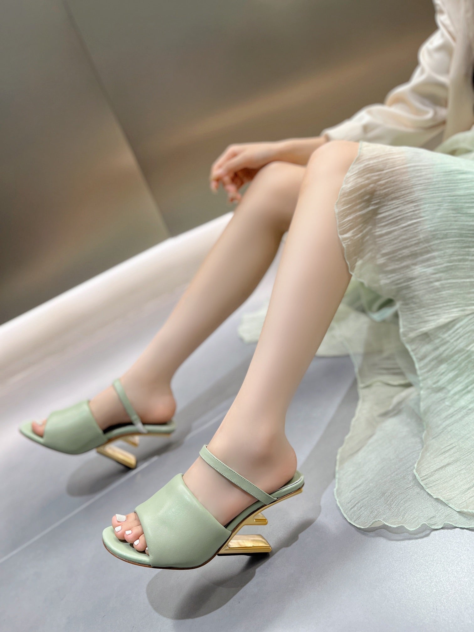 FENDI BAGUETTE HIGH-HEEL SANDALS 8 CM IN MINT GREEN CALFSKIN