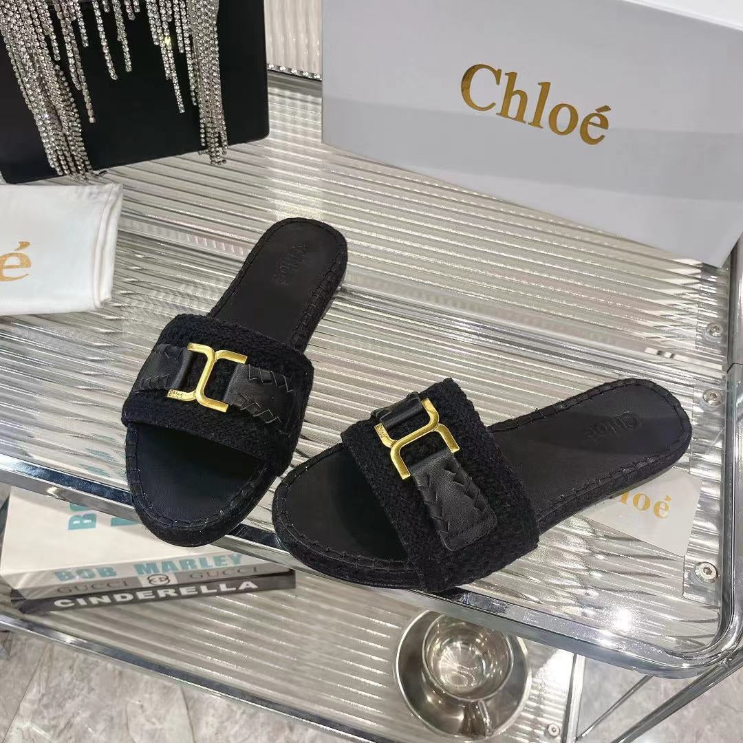 WOVEN SLIPPER IN BLACK WOOL AND LAMBSKIN GOLD HARDWARE