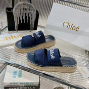 MILA PLATFORM 5 CM IN NAVY BLUE FABRIC AND BEIGE RAFFIA