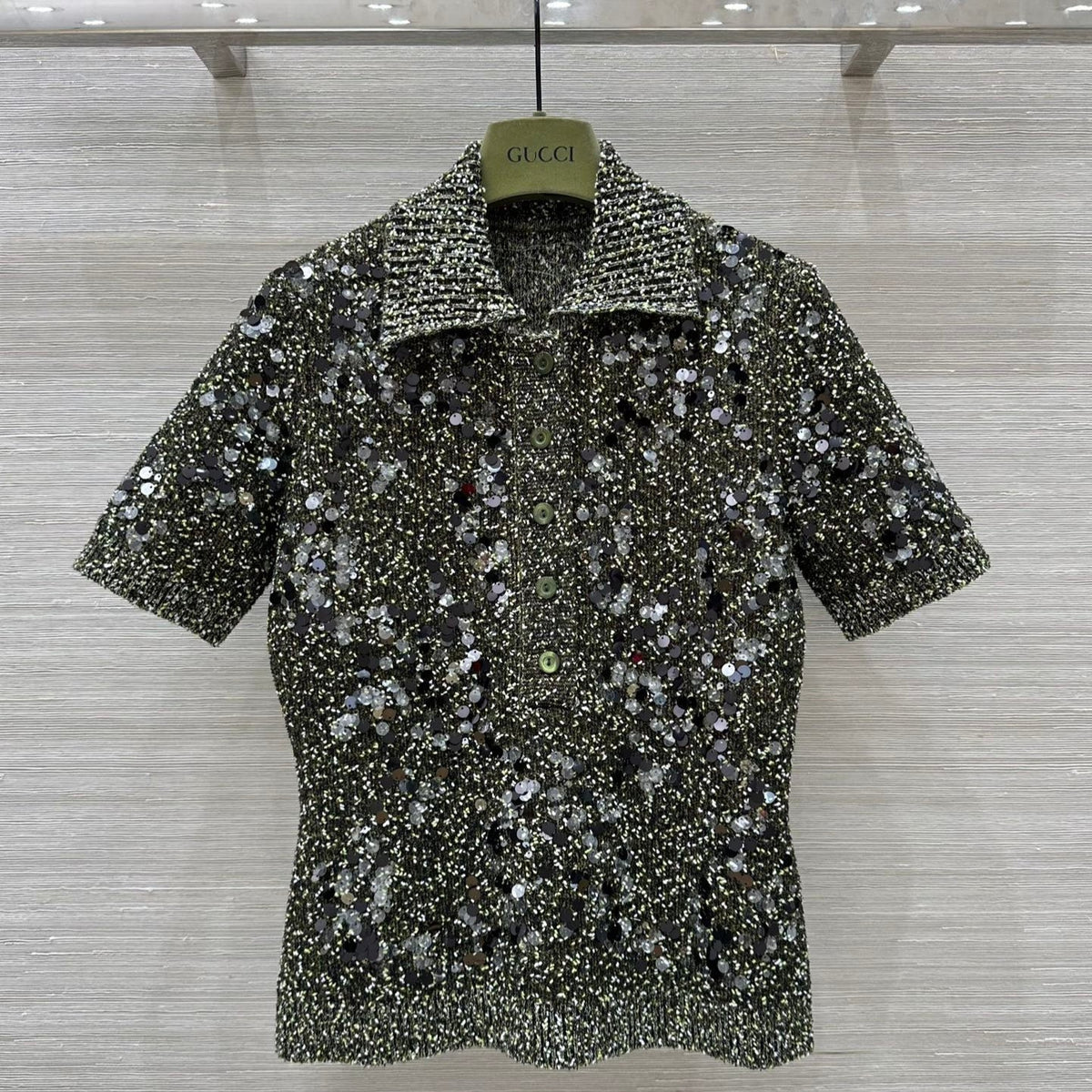 Gucci Knitted Polo Short-sleeved Top Green Wool