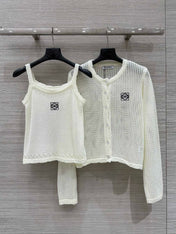 Loewe 25 Mesh Hollow Knitted Cardigan Ivory Wool