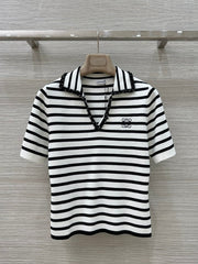Loewe 25 Striped Knitted Polo Short-sleeved Top White Tencel