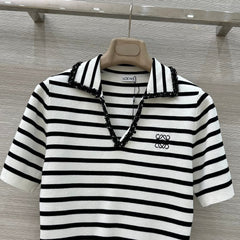 Loewe 25 Striped Knitted Polo Short-sleeved Top White Tencel