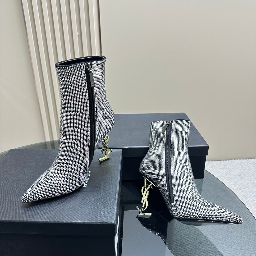 SL OPYUM GLITTER HEELED BOOT BLACK CALFSKIN