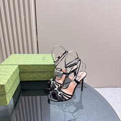 CRYSTAL HORSEBIT STRAPPY SANDAL 10.5CM IN BLACK PATENT LEATHER