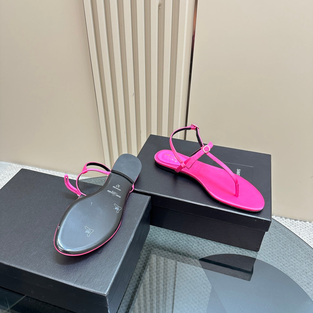 SL CRYSTAL T-STRAP FLAT SANDAL BRIGHT PINK SATIN