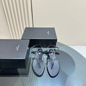 SL CRYSTAL T-STRAP FLAT SANDAL BLACK SATIN