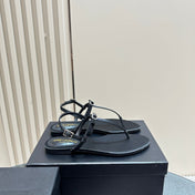 SL CRYSTAL T-STRAP FLAT SANDAL BLACK SATIN