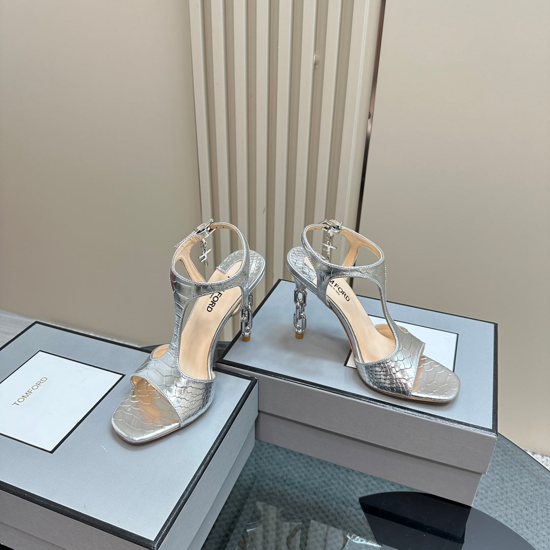 PADLOCK HIGH-HEELED SANDAL 10 CM IN SILVER SNAKESKIN