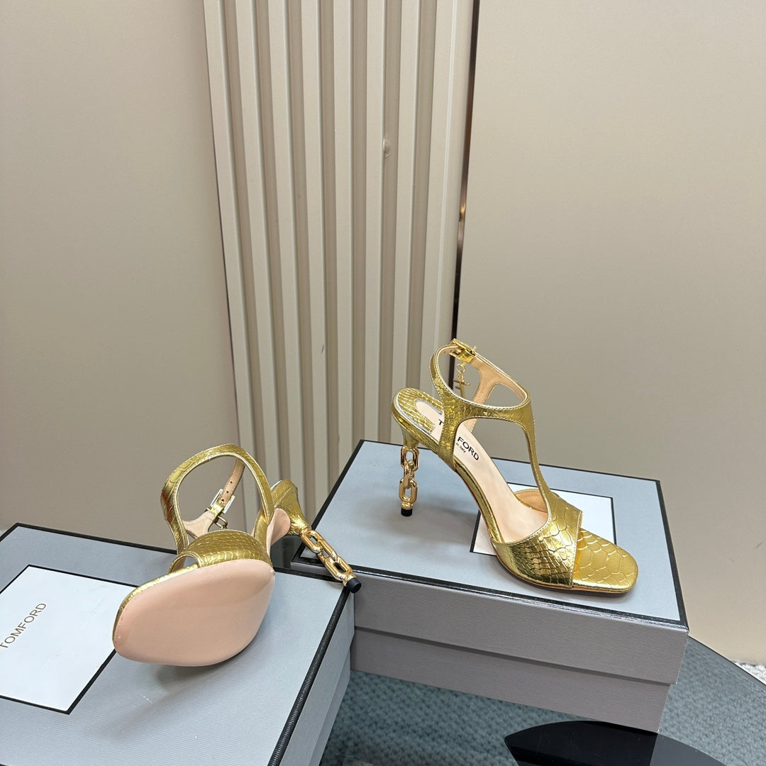PADLOCK HIGH-HEELED SANDAL 10 CM IN LIGHT GOLD SNAKESKIN