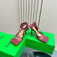 STRETCH HIGH HEELS 9 CM IN SANGRIA RED METALLIZE MESH AND LEATHER