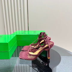 STRETCH HIGH HEELS 9 CM IN SANGRIA RED METALLIZE MESH AND LEATHER