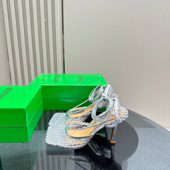 STRETCH HIGH HEELS 9 CM IN SILVER METALLIZE MESH AND LEATHER