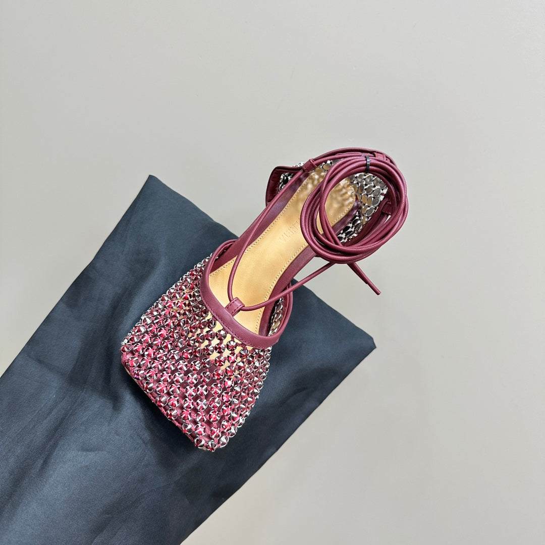 STRETCH HIGH HEELS 9 CM IN SANGRIA RED METALLIZE MESH AND LEATHER WITH CRYSTAL