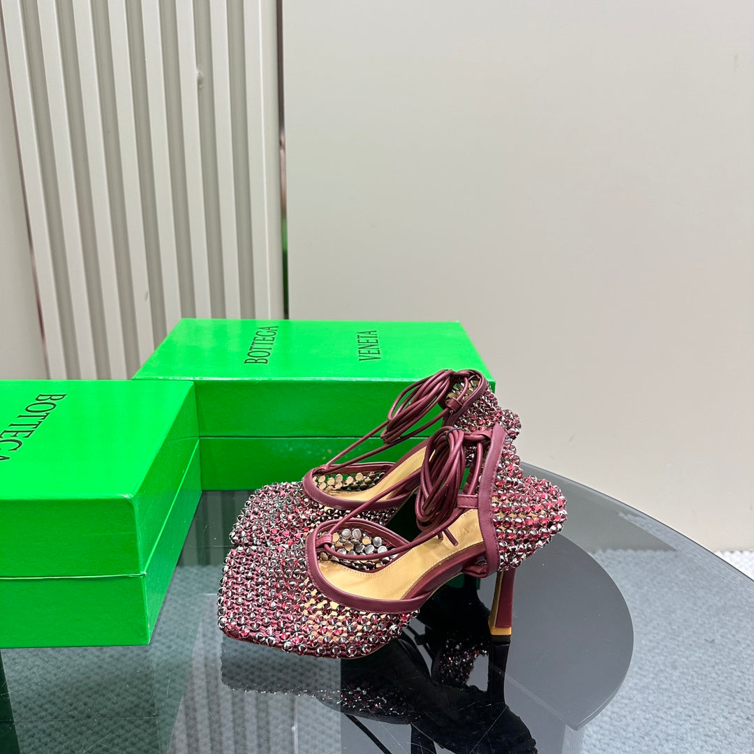 STRETCH HIGH HEELS 9 CM IN SANGRIA RED METALLIZE MESH AND LEATHER WITH CRYSTAL