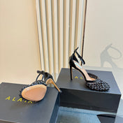 ALAIA HIGH FISHNET PUMPS WITH STUDS IN BLACK LYCRA MESH AND LAMBSKIN
