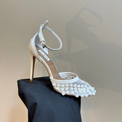 ALAIA HIGH FISHNET PUMPS WITH STUDS IN WHITE LYCRA MESH AND LAMBSKIN