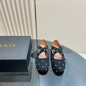 CRISS CROSS BALLET FLATS IN BLACK SUEDE WITH STUDS