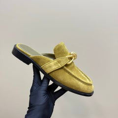 ASTAIRE MULE IN OLIVE GREEN SUEDE WITH GOLD HARDWARE