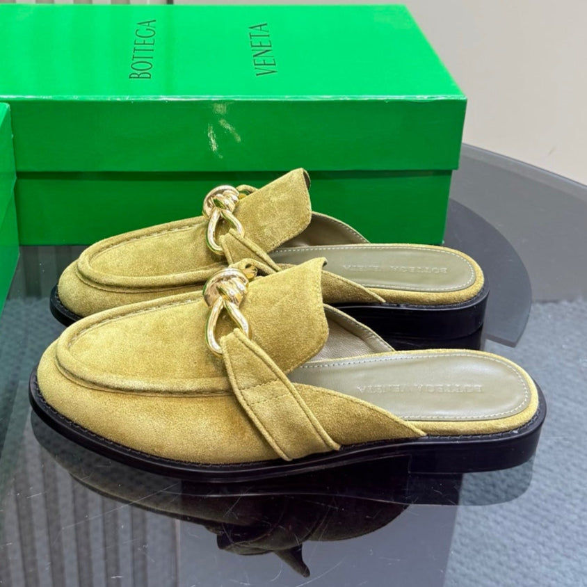 ASTAIRE MULE IN OLIVE GREEN SUEDE WITH GOLD HARDWARE