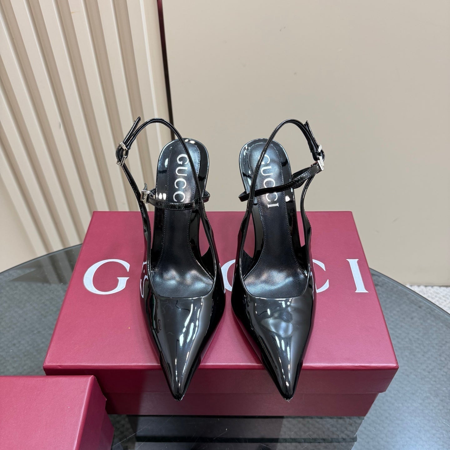 POINTED-TOE HIGH BAMBOO-EFFECT HEEL SLINGBACK IN BLACK PATENT CALFSKIN