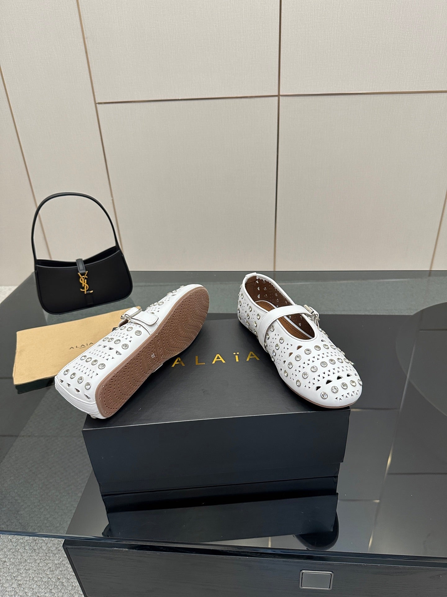 ALAIA BALLET SHOES 25S IN WHITE LAMBSKIN WITH CRYSTAL DETAILING