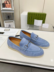 LOAFERS WITH SILVER HARDWARE IN CORNFLOWER BLUE SUEDE