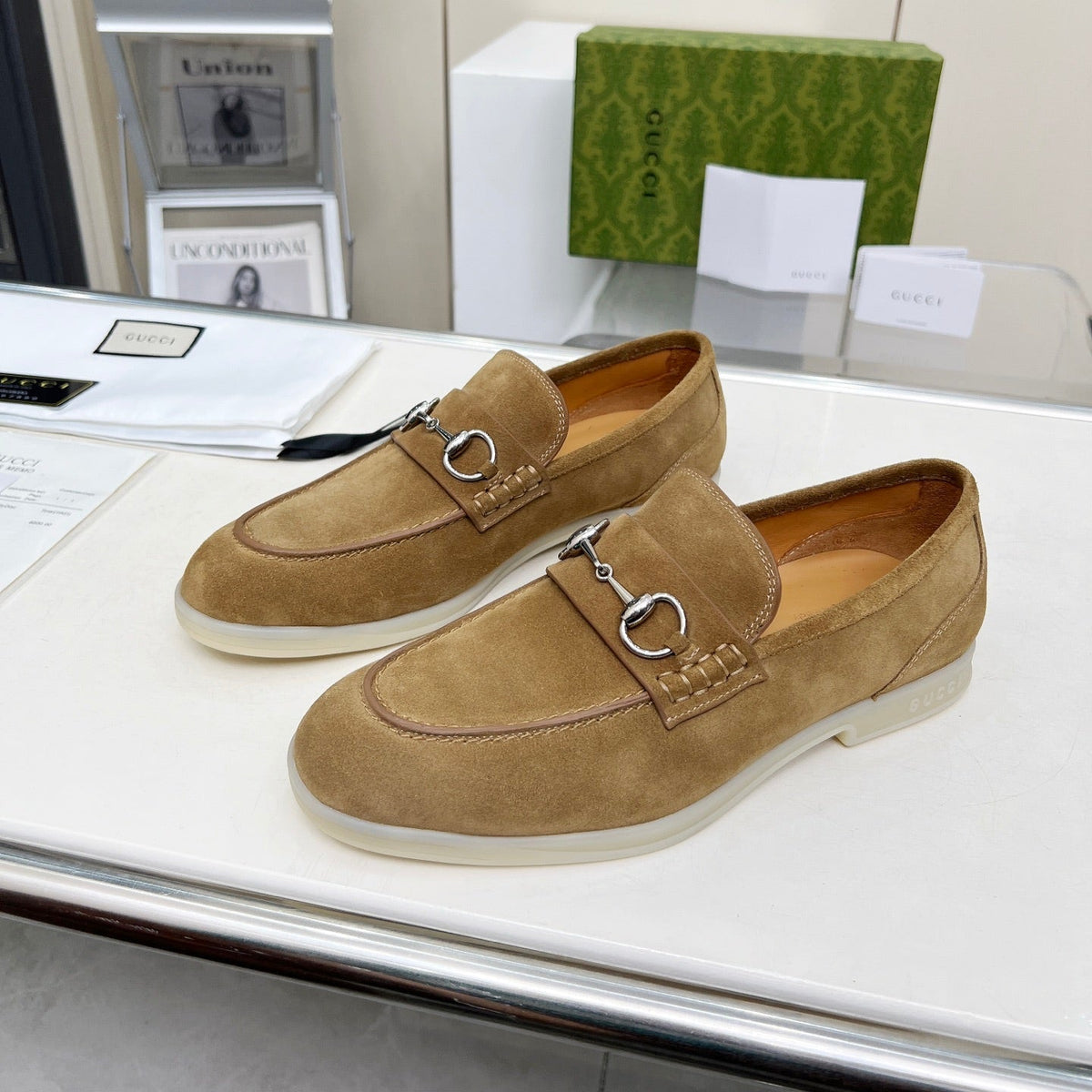 LOAFERS WITH SILVER HARDWARE IN CIDER BROWN SUEDE