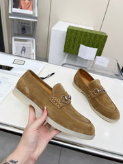 LOAFERS WITH SILVER HARDWARE IN CIDER BROWN SUEDE