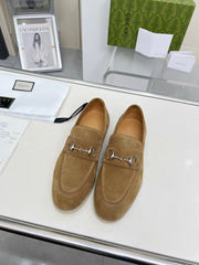 LOAFERS WITH SILVER HARDWARE IN CIDER BROWN SUEDE