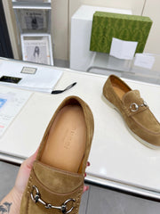 LOAFERS WITH SILVER HARDWARE IN CIDER BROWN SUEDE