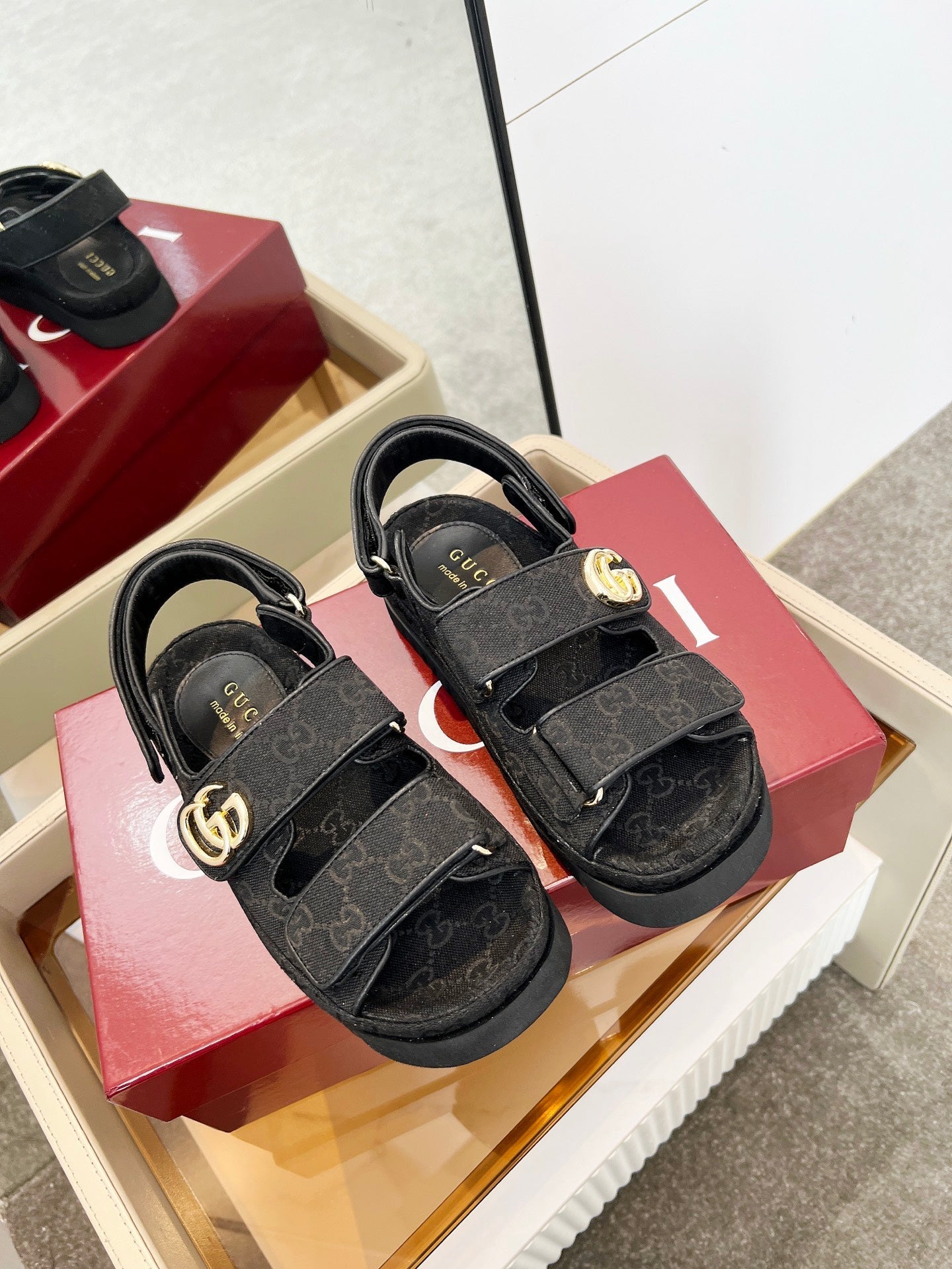 VELCRO STRAP SANDALS IN BLACK MONOGRAM CANVAS GOLD HARDWARE