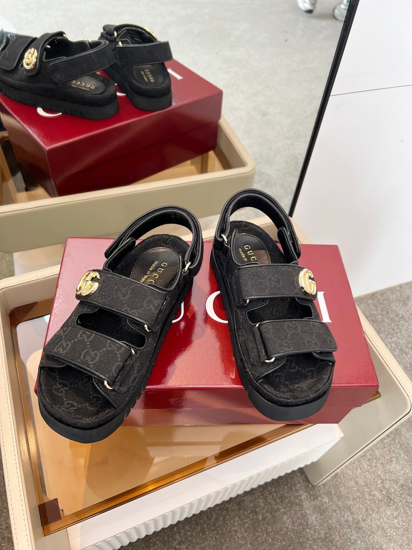 VELCRO STRAP SANDALS IN BLACK MONOGRAM CANVAS GOLD HARDWARE