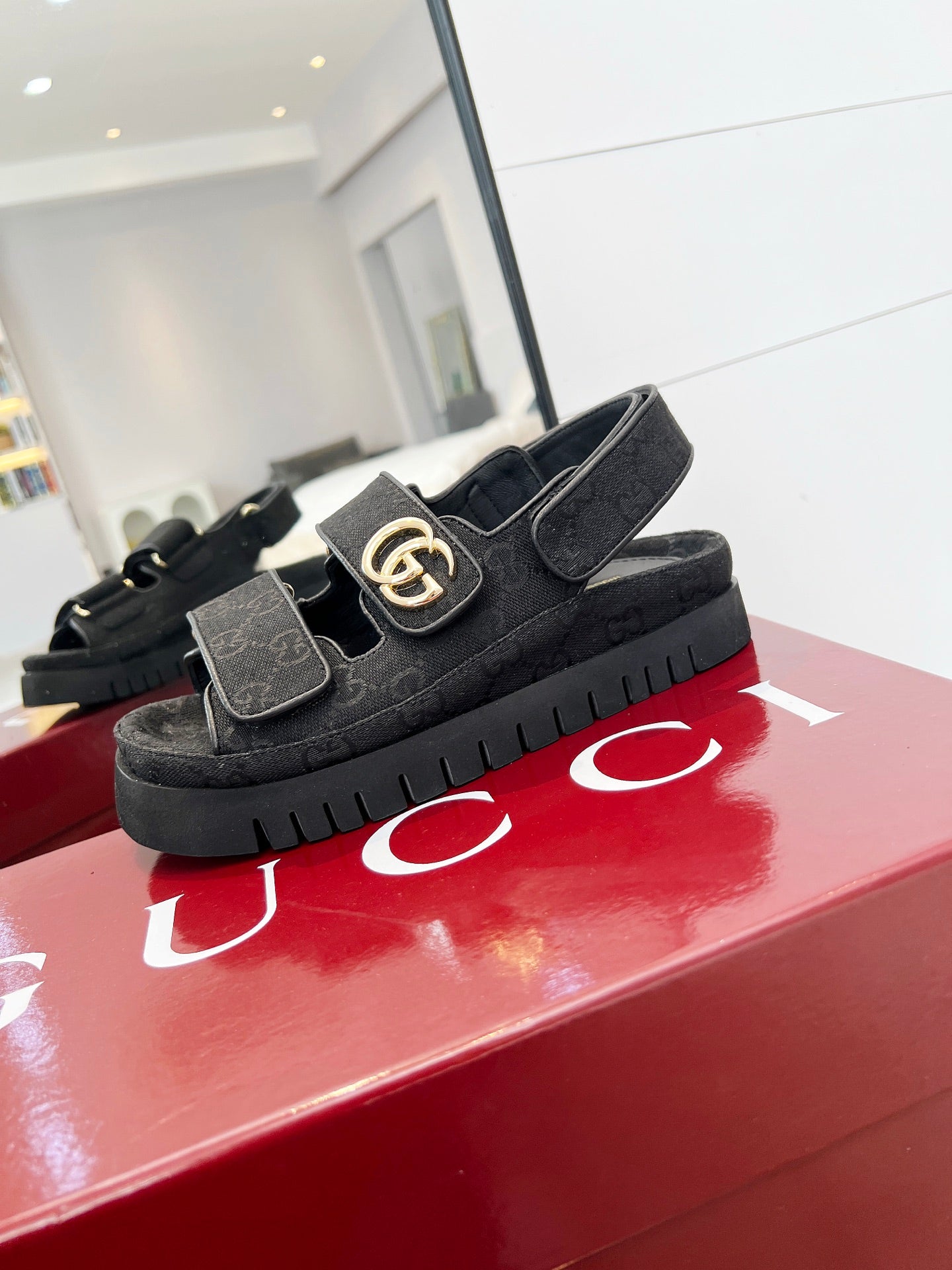 VELCRO STRAP SANDALS IN BLACK MONOGRAM CANVAS GOLD HARDWARE