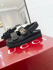 VELCRO STRAP SANDALS IN BLACK MONOGRAM CANVAS GOLD HARDWARE