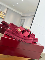 VELCRO STRAP SANDALS IN BRICK RED MONOGRAM CANVAS GOLD HARDWARE