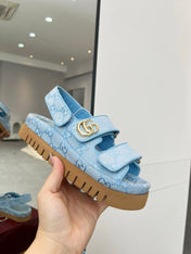 VELCRO STRAP SANDALS IN SKY BLUE MONOGRAM CANVAS GOLD HARDWARE